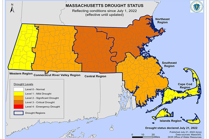 The entirety of Massachusetts is experiencing drought conditions, with its northeast and central regions under level 3-critical drought.