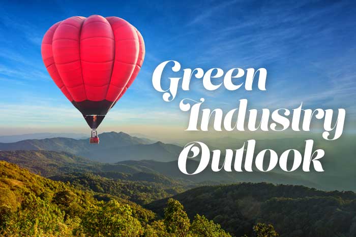 The cover for the 2023 Green Industry Outlook. A red hot air ballon with the words "Green Industry Outlook."